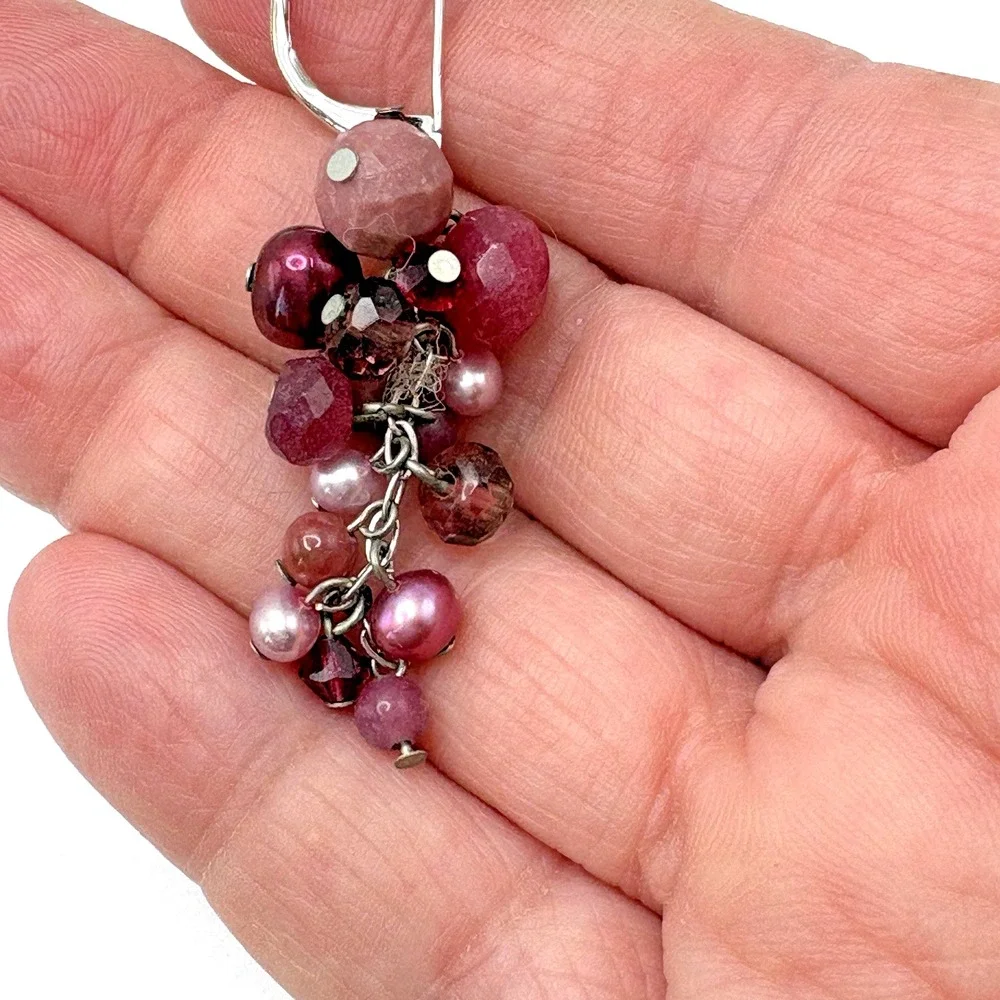 Sterling Silver Pierced Earrings Cha Cha Rhodonite Pearl Pink Dangle 925